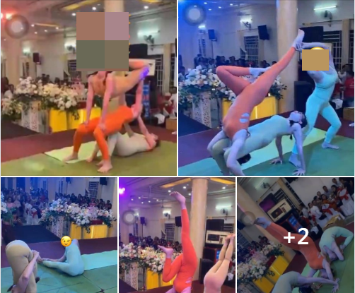 Mới đây, những hình ảnh về 3 cô gái mặc đồ bó sát,  trình diễn yoga trên sân khấu để chúc mừng hạnh phúc cô dâu, chú rể gây ra tranh cãi trên MXH.