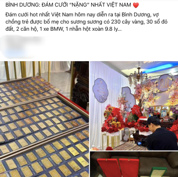 Mới đây, những hình ảnh về đám cưới ở Bình Dương với  màn trao quà cưới "khủng" giữa hai bên thông gia gây chú ý trên MXH. Netizen còn nhận xét rằng đám cưới này là "độc lạ" bởi hai bên gia đình nhà trai nhà gái chẳng ai kém ai.