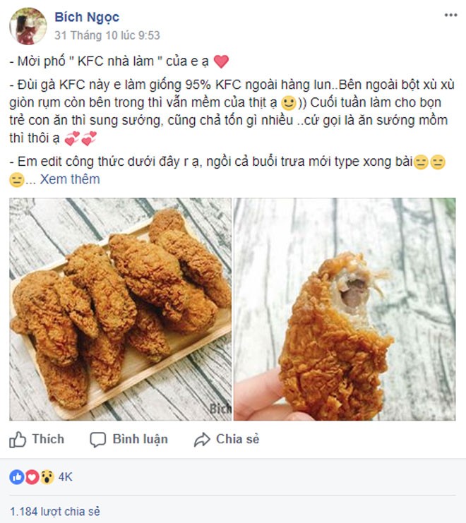 Với công thức được nhận định là giống đến 95% so với món  gà rán nổi tiếng KFC. Thành phẩm nhận được là những miếng gà giòn rụm bên ngoài mà vẫn mềm thơm bên trong. Chắc chắn đây sẽ là một công thức tuyệt vời dành cho những fan KFC, từ đây bạn sẽ được ăn thỏa thích mà không phải lo lo lắng gì cả.