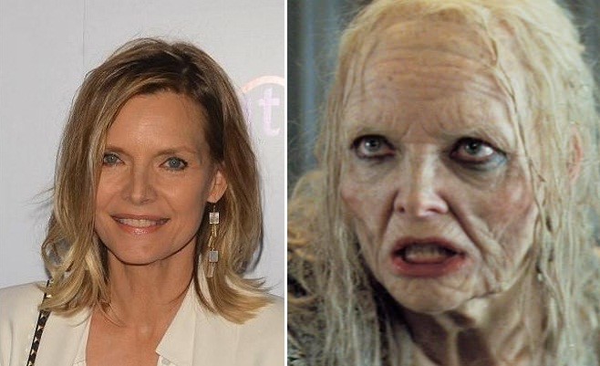 Michelle Pfeiffer trước và sau khi hóa trang để trở thành mụ phù thủy Lamia trong phim "Stardust".