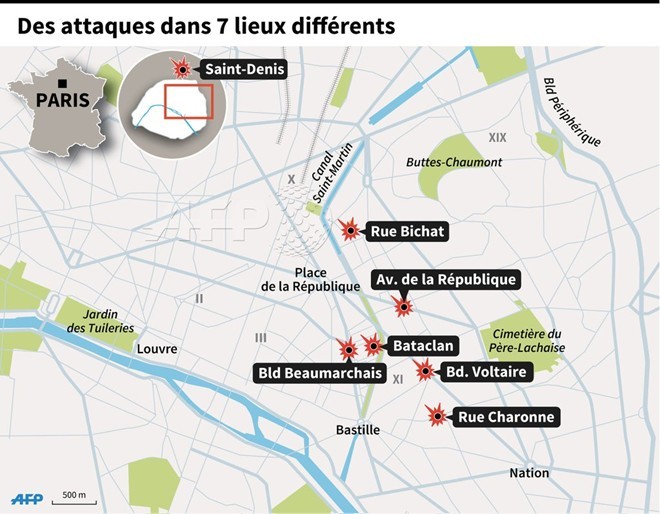 Vụ khủng bố liên hoàn ở Paris (Pháp) xảy ra tại 7 địa điểm riêng biệt trong thành phố bao gồm sân vận động, nhà hàng, rạp hát và một số quán bar.