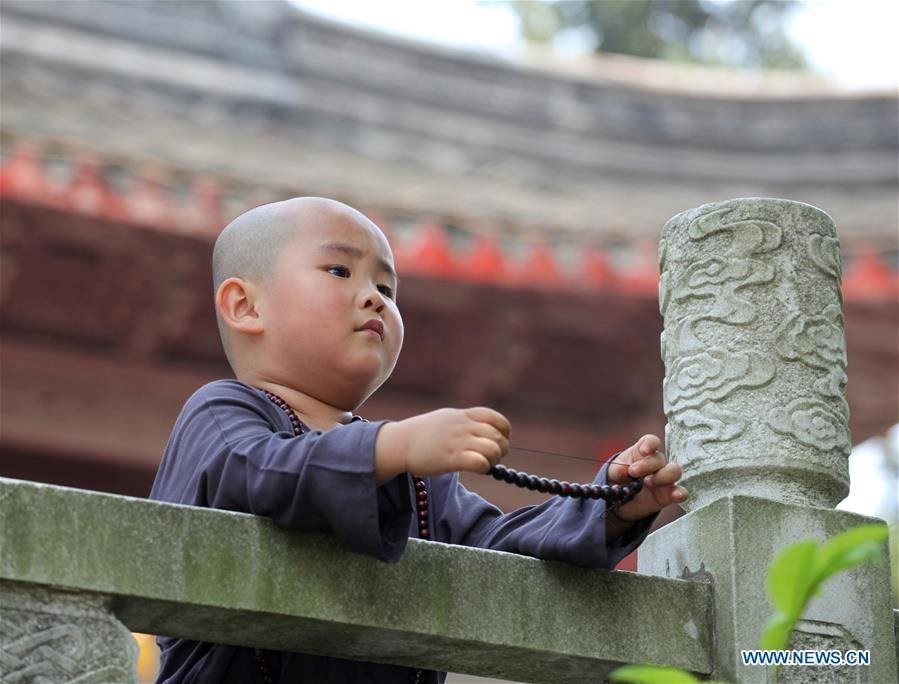 50 bé trai từ 3 tới 5 tuổi đã cùng nhau tham gia vào một cuộc thi để tìm kiếm ra ' tiểu hoà thượng' đáng yêu nhất ở núi Qixia, Nam Kinh, Giang Tô (Trung Quốc). (Nguồn: CCTVNews).