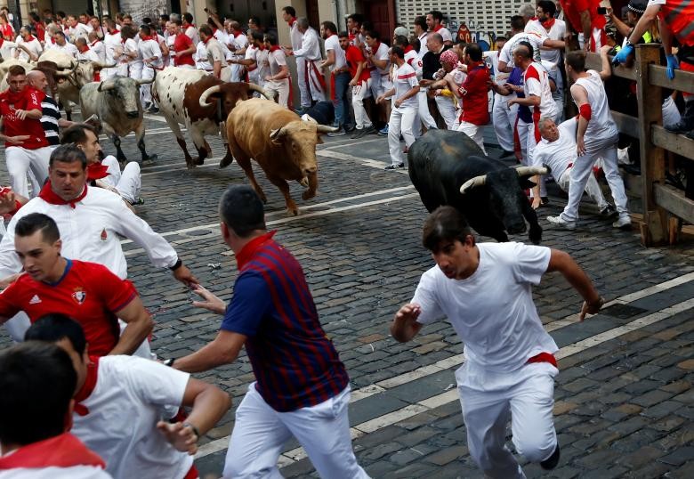  Lễ hội bò tót San Fermin thường niên được tổ chức ở thành phố Pamplona, Tây Ban Nha. Trong lễ hội này, các chú bò đực hung hãn sẽ được thả chạy tự do trên đường để tới trường đấu bò. Những người tham gia trên đường phải tháo chạy để tránh bị bò húc phải.