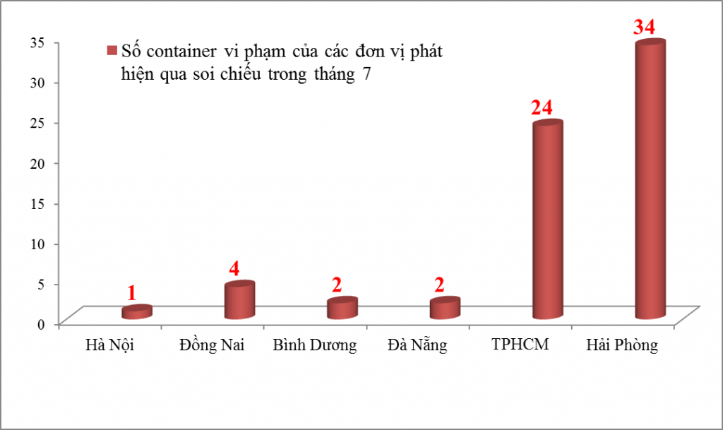 Trong tháng 7/2021, qua công tác soi chiếu, toàn ngành Hải quan phát hiện 789 container nghi vấn, trong đó có 67  container chứa hàng vi phạm (chiếm 8,49% tổng container nghi vấn).