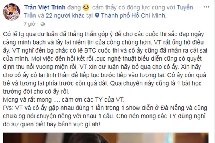 Hot Face sao Việt 24h: Việt Trinh lên tiếng về ồn ào Lê Âu Ngân Anh bị đề nghị thu hồi vương miện: “Việt Trinh xin dư luận hãy bỏ qua cho cô ấy. Xin hãy cho cô ấy lấy lại tinh thần để tiếp tục bước tiếp. Cô ấy còn quá trẻ và tương lai phía trước còn quá dài. Qua chuyện này cũng là 1 bài học trường đời cho cô ấy rồi”.