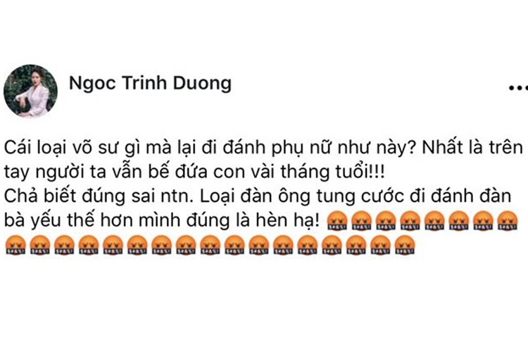 Xem clip  võ sư đánh vợ, BTV Ngọc Trinh chỉ trích người chồng: “Loại đàn ông tung cước đi đánh đàn bà yếu thế hơn mình đúng là hèn hạ”.