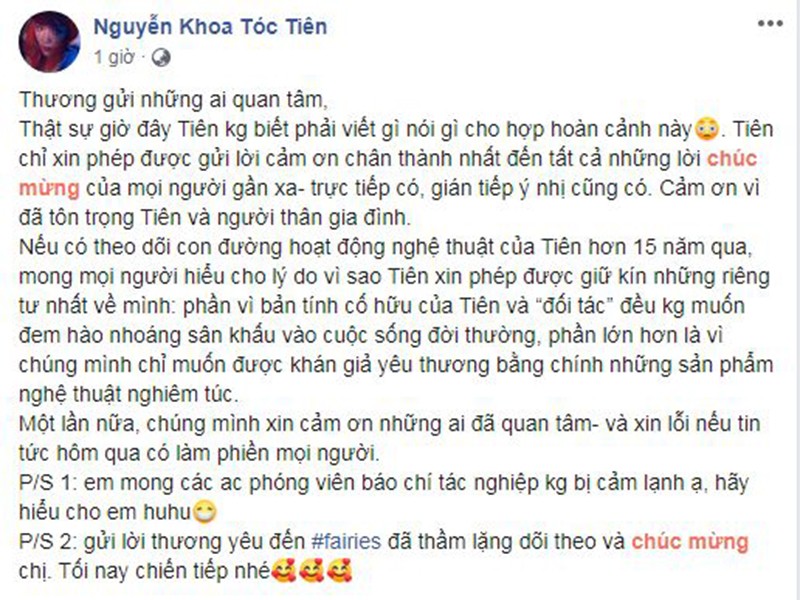  Đám cưới Tóc Tiên - Hoàng Touliver diễn ra bí mật vào ngày 20/2. Sau hôn lễ, Tóc Tiên cho biết, vợ chồng cô giữ kín chuyện riêng tư vì cả hai đều không muốn đem hào nhoáng sân khấu vào cuộc sống đời thường cũng như muốn khán giả yêu thương bằng chính cống hiến nghệ thuật.