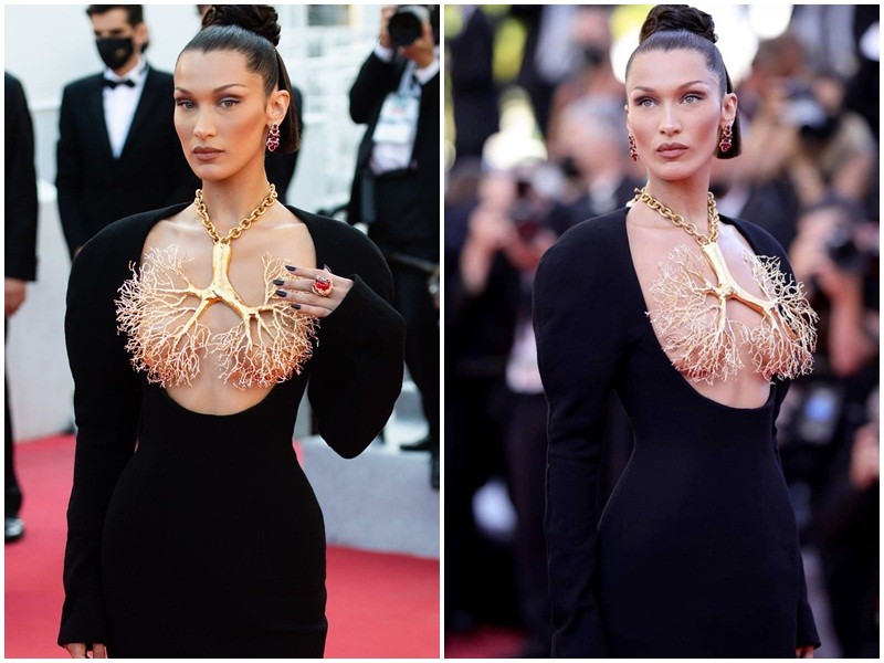 Bella Hadid trở thành tâm điểm của truyền thông khi xuất hiện trên thảm đỏ  Cannes 2021 ngày thứ 6. Cô được chú ý nhờ phong cách hở bạo.