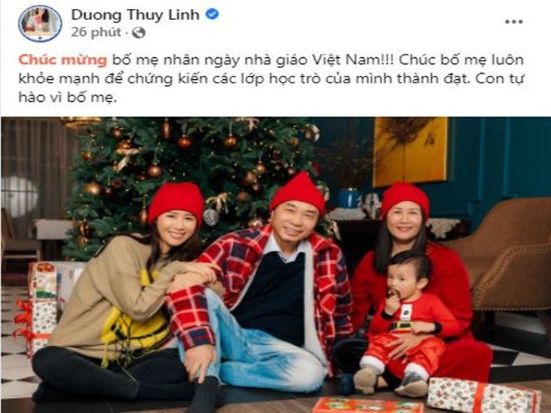 Trên trang cá nhân, nhân ngày 20/11, Dương Thùy Linh gửi lời chúc mừng  ngày Nhà giáo Việt Nam đến bố mẹ làm giáo viên. "Chúc bố mẹ luôn khỏe mạnh để chứng kiến các lớp học trò của mình thành đạt. Con tự hào vì bố mẹ", Dương Thùy Linh viết.