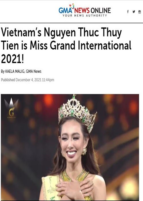  Nguyễn Thúc Thùy Tiên vừa giành chiến thắng ở cuộc thi Miss Grand International 2021 - Hoa hậu Hòa bình Quốc tế 2021. Nhanh chóng, cô phủ sóng truyền thông quốc tế. Tờ GMA của Philippines đưa tin Thùy Tiên đăng quang.