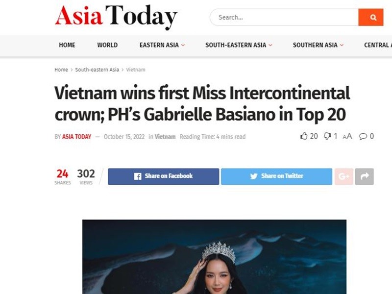 Bảo Ngọc đăng quang Miss Intercontinental 2022 - Hoa hậu Liên lục địa 2022. Nhanh chóng, cô phủ sóng truyền thông quốc tế. Tờ Asia Today của Philippines đưa tin Bảo Ngọc giành vương miện. Ảnh chụp màn hình