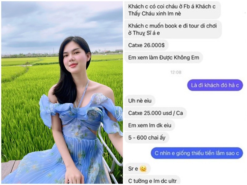 Trên trang cá nhân,  Lê Ngọc Trinh đăng tải ảnh chụp tin nhắn bị gạ đi tour ở Thụy Sĩ với giá 26.000 đô. Trong tin nhắn, người đẹp đáp trả người nhắn tin gạ gẫm: "Chị nhìn em giống thiếu tiền lắm sao? 500-600 triệu rủ đi ăn có khi em chửi chạy không kịp. Em có thiếu tiền đâu". Ảnh: FBNV