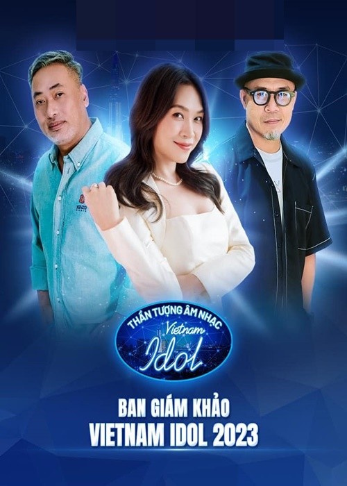 Nhạc sĩ Huy Tuấn (ngoài cùng bên phải),  ca sĩ Mỹ Tâm và đạo diễn Quang Dũng làm giám khảo Vietnam Idol 2023. Ảnh: FBNV.