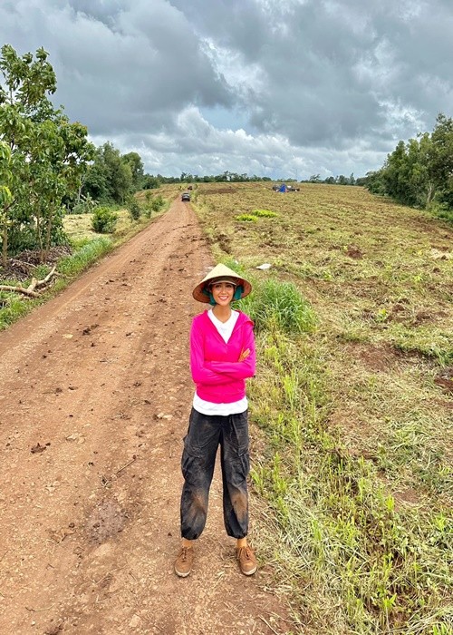 Về quê,  H'hen Niê tham gia trồng cây cà phê cùng gia đình.