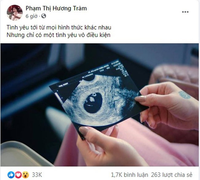 Vào đúng sinh nhật của mình (15/5),  Hương Tràm khoe bức ảnh siêu âm thai nhi và viết trên trang cá nhân: "Tình yêu tới từ mọi hình thức khác nhau. Nhưng chỉ có một tình yêu vô điều kiện".