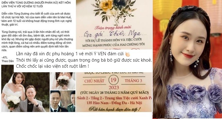 Mới đây trên trang cá nhân, Thiên Nga - con gái của diễn viên Tùng Dương và vợ cũ là diễn viên Hoa Thúy báo tin vui khi bố lấy vợ lần 4, kèm theo đó là dòng chia sẻ vui: "Lần này đã xin được phụ hoàng 1 vé mời đám cưới. Thôi thì lấy ai cũng được, quan trọng ông bà bô giữ được sức khoẻ. Chốc chốc lại vào viện sốt ruột lắm!". Ảnh chụp màn hình.