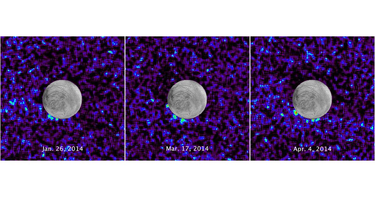 Kính viễn vọng Hubble của NASA ghi lại cảnh mặt trăng vệ tinh Europa, sao Mộc phát ra 3 cột hơi nước quái lạ vào tháng 1,3,4/2014.