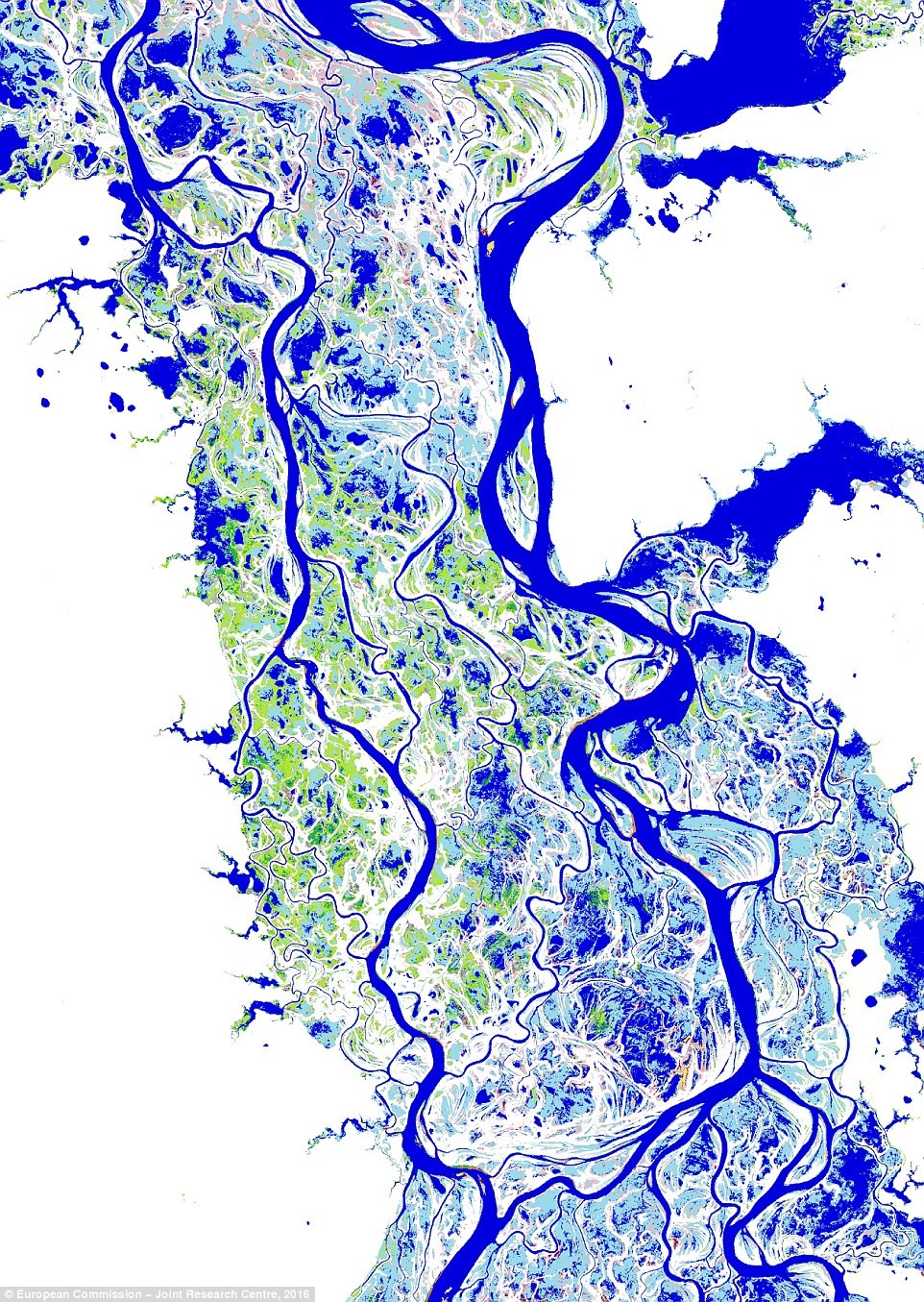  Bản đồ nước trên Trái đất này mô tả sông Obi ở miền tây Siberia, Nga. Màu xanh đậm là những vùng nước thường xuyên chảy, trong khi màu xanh nhạt hơn cho biết những vùng nước hoạt động theo mùa. Màu xanh lá cây đại diện cho khu vực các vùng nước mới, và màu hồng nhạt cho thấy các khu vực đã bị mất nước hoàn toàn.