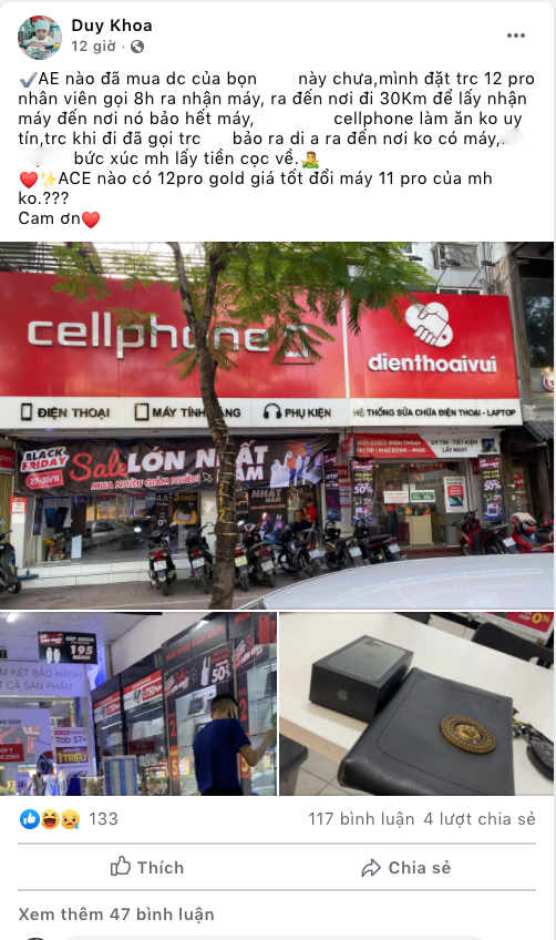 Ngày 27/11, nhiều người tố Cell Phone "lươn lẹo" khi gọi điện, hẹn chốt khách rất chắc chắn nhưng khi khách hàng đi hơn 30km đến thì nhận thì nhân viên của đơn vị này trả lời rằng đã hết máy để giao. Được biết vị khách hàng này đã đặt trước chiếc iPhone 12 Pro nhiều ngày. Đến 20h tối cùng ngày, người này bổ sung thêm, nhân viên của Cell Phone đã gọi điện và mời anh tới nhận máy với lời giải thích rằng máy bị lỗi.