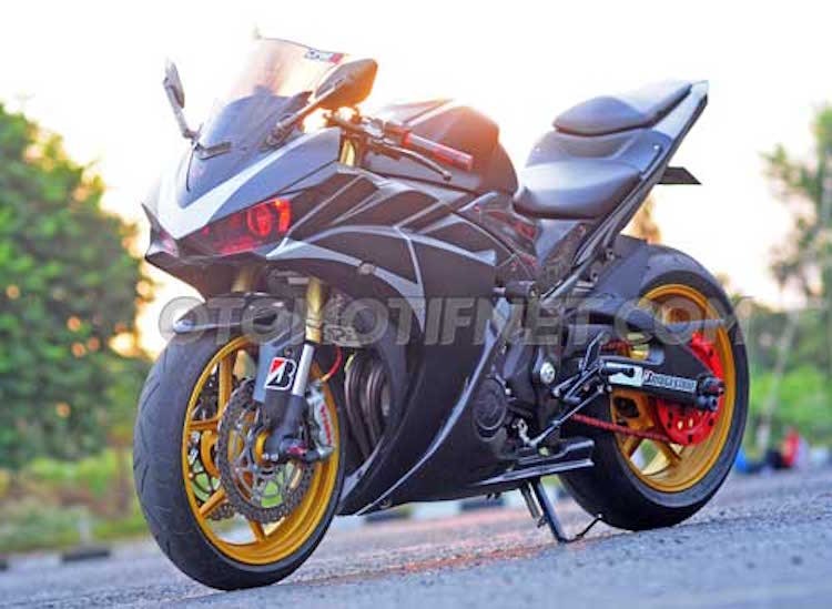 Trên bản độ  sportbike Yamaha R25 này, chi tiết ấn tượng nhất và mang tính quyết định tới kiểu dáng superbike của chiếc xe là bộ vành lấy từ Kawasaki ZX-6R, có bản rộng 3.5 cho bánh trước và 5.5 inch ở bánh sau.