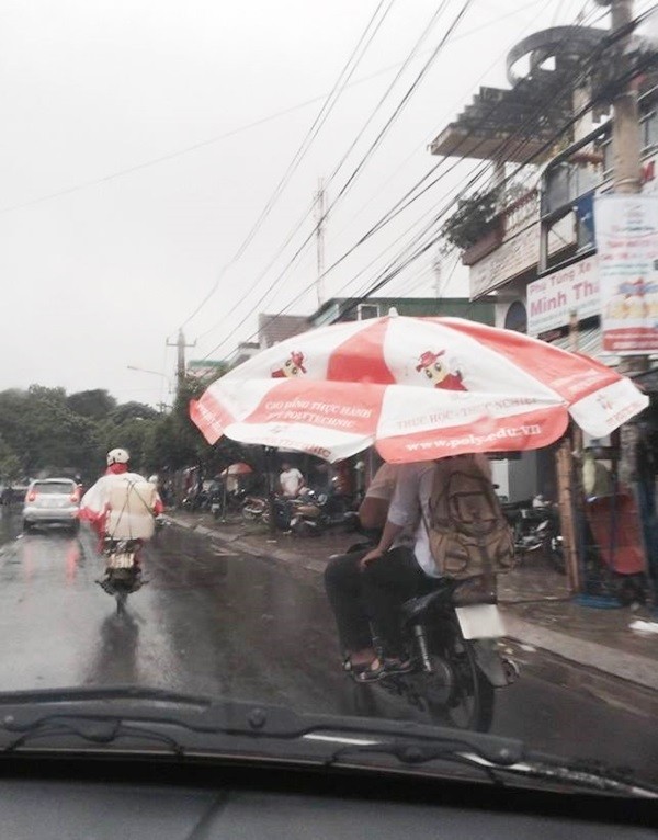 Đội ô to như thế này thì không sợ ướt mưa... nhưng gây nguy hiểm khi tham gia giao thông.