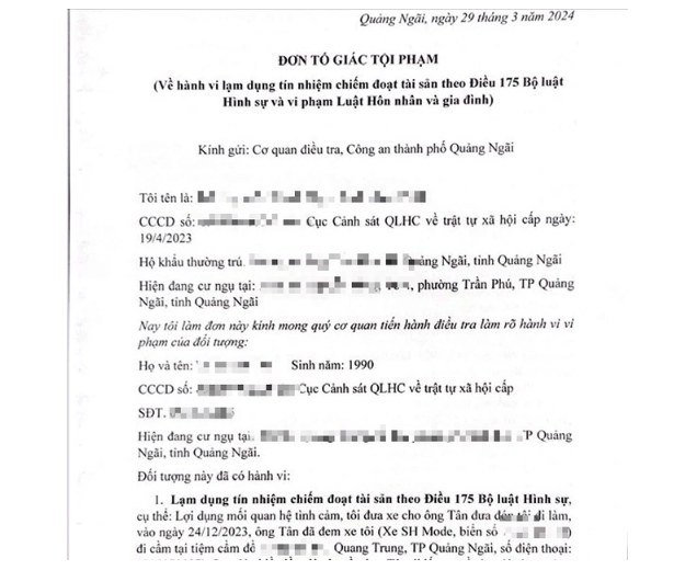  Nữ cán bộ Thành ủy Quảng Ngãi tố cáo bị "bẫy" ngoại tình: Ngày 1/4, phán ánh tới báo chí, bà T.N.T.N. (44 tuổi, công tác tại Thành ủy Quảng Ngãi) cho rằng, việc một số trang mạng đưa thông tin không chính xác về mối quan hệ giữa bà với ông V.T.T.(34 tuổi). Theo bà N., tháng 10/2023, thông qua mạng xã hội, ông T. nhắn tin tiếp cận bà và nói mình đã ly dị. Vì là mẹ đơn thân nên bà N. nghĩ chuyện hẹn hò với ông T. cũng là bình thường. Sau khi biết ông T. vẫn qua lại với vợ cũ nên bà N. tuyên bố chấm dứt quan hệ thì bị ông T. hăm dọa. Theo phản ánh, ông T. còn mang xe máy của bà N. đi cầm với số tiền 21 triệu. (Đơn tố giác tội phạm bà N. gửi đến cơ quan công an)