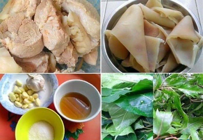  Nem chạo bì lợn. Cần những nguyên liệu: 60g thính, lá dong hoặc lá chuối, 500g bì lợn, 400g thịt lợn, 200 mỡ phần, chanh, ớt, riềng, tỏi, lá chanh, rau thơm, rau mùi tàu. Các loại gia vị như rượu, giấm, đường, hạt tiêu, nước mắm, muối, mì chính. Các loại lá thơm để ăn ghém như lá sung, húng, ổi...