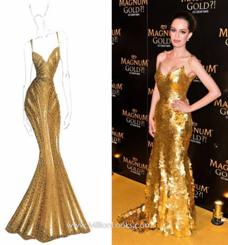 Nhà thiết kế tài ba Zac Posen đã khiến giới thời trang sửng sốt khi thiết kế bộ đầm dài hoàn toàn bằng vàng ròng duyên dáng và vô cùng lộng lẫy. Nhà thiết kế 32 tuổi này cho biết đội thiết kế đã phải mất một tháng để may những lá vàng mỏng lại với nhau. Mẫu váy được làm từ vàng 24 carat có giá 1,5 triệu USD (khoảng 30 tỷ đồng).