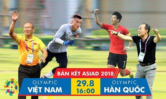 Trận đấu giữa đội tuyển  Olympic Việt Nam và Olympic Hàn Quốc tại vòng bán kết giải Đại hội thể thao Châu Á (Asiad 2018) diễn ra vào lúc 16h hôm nay 29/8 đang được hàng triệu người dân Việt Nam chờ đón. Ảnh: Internet.