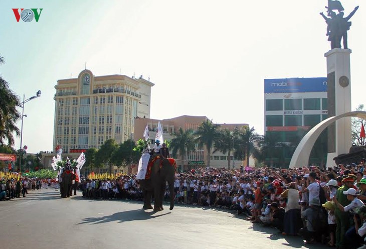 Đoàn voi Đắk Lắk diễu hành qua Trung tâm ngã 6, thành phố  Buôn Ma Thuột.