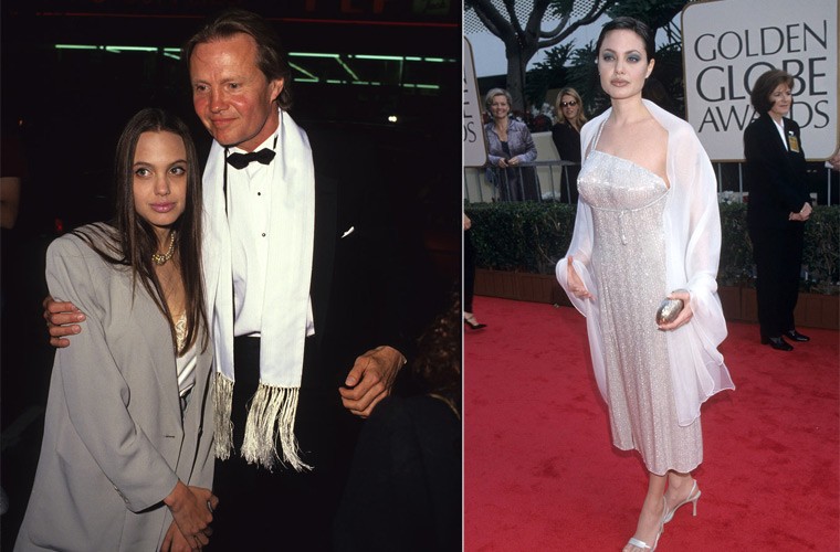 Năm 1991, Angelina Jolie lúc đó là cô bé 16 tuổi e ấp khi cùng bố Jon Voight bước trên thảm đỏ một sự kiện. Năm 1998, cô bé Jolie ngày nào giờ đã trưởng thành và ra dáng ngôi sao lớn trên thảm đỏ Quả Cầu Vàng.