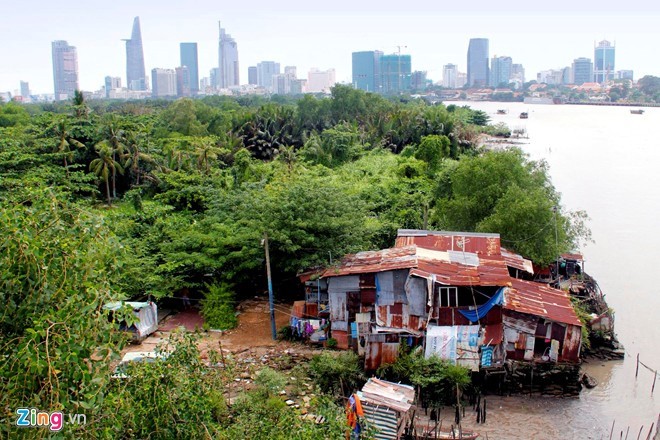 Từ cầu Thủ Thiêm nhìn về phía quận 1, dưới chân cầu là xóm nhỏ của những người dân đang cố bám trụ trước khi bị di dời để trao trả mặt bằng cho thành phố phát triển theo quy hoạch mới. Do khu vực bỏ hoang lâu ngày nên cây cối phát triển um tùm, lâu dần biến nơi đây thành một “khu rừng xanh” giữa lòng thành phố.