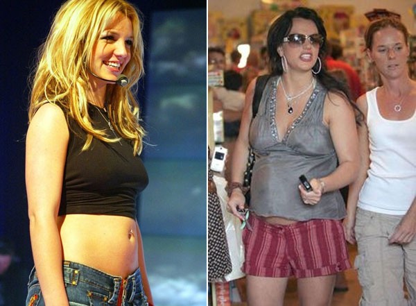 Hình ảnh Britney Spears năm 2001 và sau đó 8 năm khi đã có hai con và đang trong thời kỳ khủng hoảng tinh thần khác biệt nhau rõ rệt. Vóc dáng thon thả, khuôn mặt xinh xắn thời đang nổi như cồn của cô khác xa với thân hình những mỡ là mỡ và khuôn mặt già đi rất nhiều. Cô là một trong những  sao Hollywood biến dạng vì tăng cân.