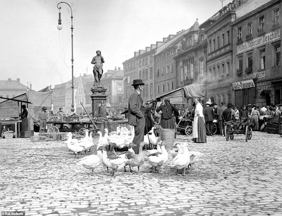 Khu chợ sầm uất, náo nhiệt ở thị trấn Bayreuth, Bavaria, Đức. Đây là một trong những bức ảnh giá trị chụp cuộc sống của người dân ở một số nước tại  châu Âu trước Chiến tranh thế giới 1.