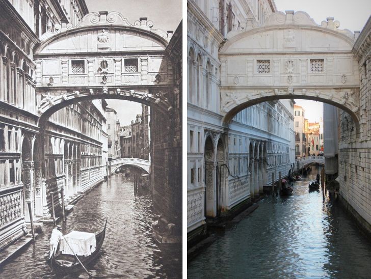 Bức ảnh chụp thành phố Venice của Italy năm 1925 và 2018. Khi nhìn 2 bức ảnh này, nhiều người nhận thấy  địa điểm nổi tiếng châu Âu này gần như không có sự khác biệt nhiều.