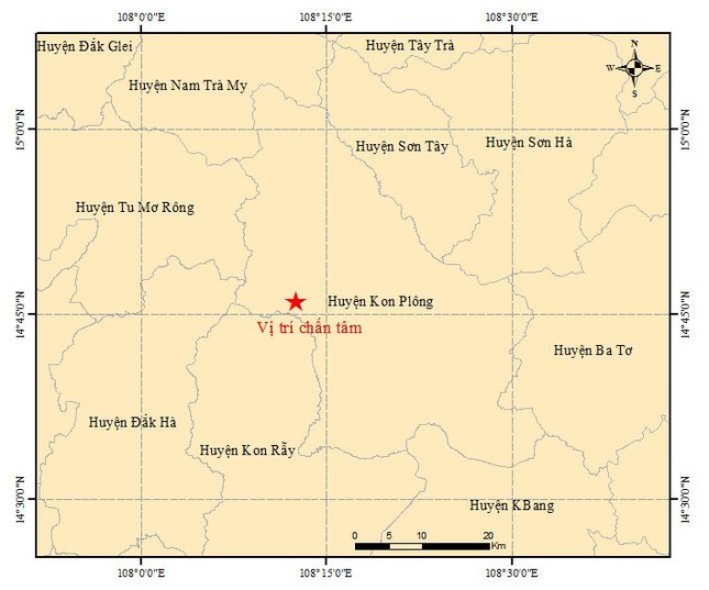  Trận động đất có độ lớn 4.7 được ghi nhận xảy ra tại huyện Kon Plông, Kon Tum vào lúc 14h8 chiều ngày 23/8 (giờ Hà Nội). Động đất xảy ra ở độ sâu 8,2 km, gây chấn động một khu vực rộng lớn. Ảnh: Viện Vật lý địa cầu.