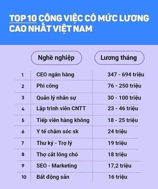 Mới đây, trên mạng xã hội có chia sẻ một bảng thống kê 10 công việc có mức lương cao nhất Việt Nam. Trong đó, bất ngờ nghề  cắt lông chó góp mặt trong danh sách này.