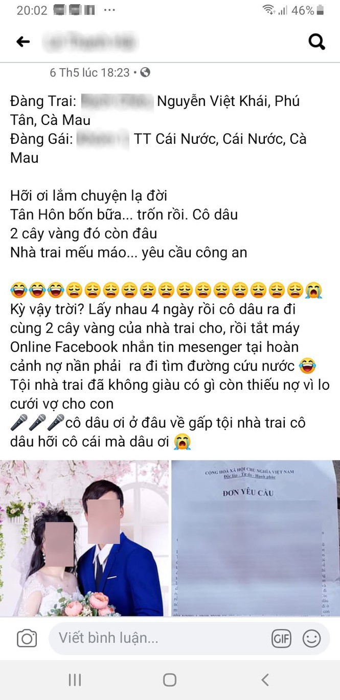 Mới đây, bài viết về việc một  cô dâu Cà Mau "ôm trọn" 2 lượng vàng được cho trong ngày cưới bỏ trốn, gia đình nhà chồng tìm không được thu hút sự quan tâm đặc biệt của cộng đồng mạng.