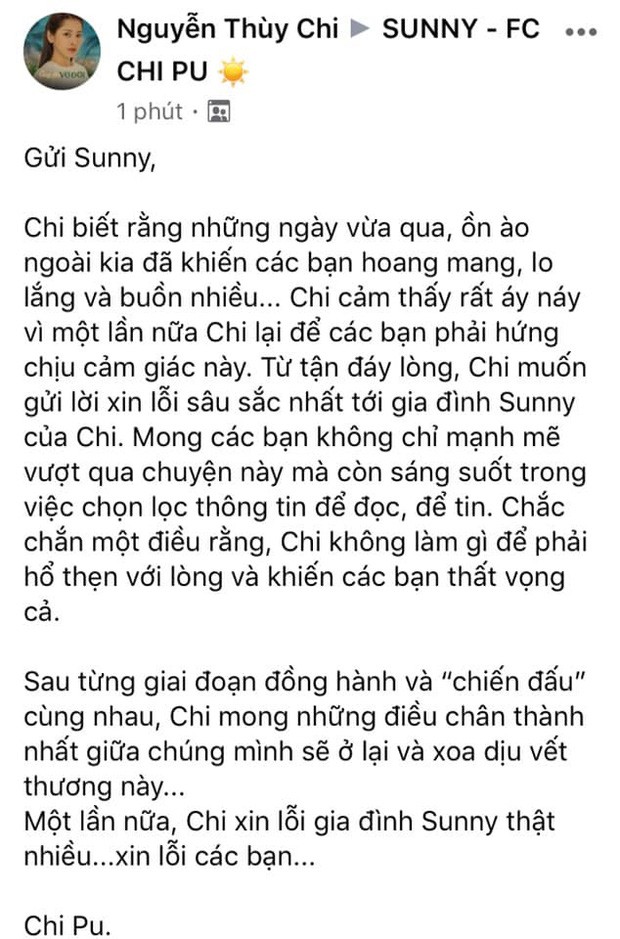 Sau nhiều ngày giữ im lặng, mới đây nữ ca sĩ  Chi Pu đã chính thức viết 1 tâm thư khá dài, lên tiếng xin lỗi fan sau loạt lùm xùm vừa qua. Đồng thời cô khẳng định bản thân không làm gì hổ thẹn khiến FC phải thất vọng, mong khán giả chọn lọc thông tin để đọc và tin.