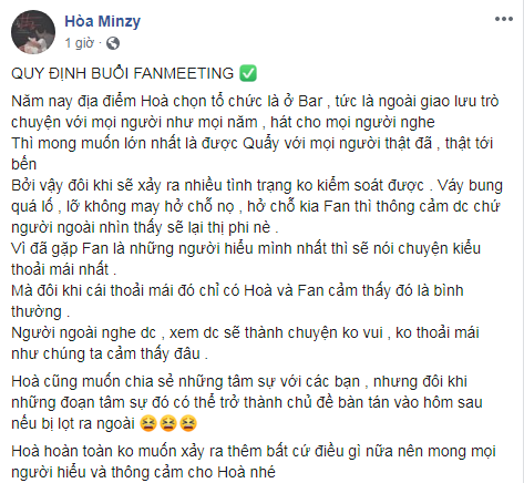 Sau khi dính nghi án ở ẩn sinh con,  Hòa Minzy bắt đầu chiến dịch trở lại Vpop với việc tổ chức off fan khắp 3 miền. Tuy nhiên, ngay khi thông báo rằng người tham dự không được quay phim, chụp hình và livestream (nếu vi phạm quá 2 lần sẽ bị mời ra khỏi khu vực tổ chức) và mọi hình ảnh đều do phía nữ ca sĩ sinh năm 1995 phụ trách, nhiều người đã cảm thấy khó hiểu.