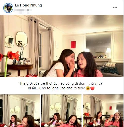 Ngay từ lúc mới sinh, cặp song sinh nhà diva  Hồng Nhung đã nhận được nhiều sự chú ý từ dân tình. Cô đặt tên cho 2 con là Tôm - Tép, cả 2 đều thừa hưởng nguồn gen chất lượng từ bố mẹ. Nếu như bé gái Tép sở hữu mái tóc hơi ngả nâu thì anh trai Tôm tóc lại ngả đen. Mới đây, nữ ca sĩ đình đám đã chia sẻ lên trang cá nhân loạt ảnh khoe 2 nhóc tỳ tươi cười đầy vui vẻ kèm dòng trạng thái: "Thế giới của trẻ thơ lúc nào cũng dí dỏm, thú vị và bí ẩn... Cho tôi ghé vào chơi tí tẹo?".