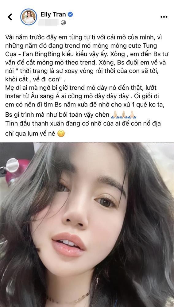 Mới đây,  Elly Trần lần đầu bật mí trên trang cá nhân câu chuyện mình từng tìm đến bác sĩ thẩm mỹ để "sửa sang" đôi môi thu hút không ít sự chú ý của dân tình. Điều đáng nói là dù "đặt vấn đề" rõ ràng rằng mong muốn theo trend môi mỏng để bắt nhịp với các chị em Trung Quốc, thế nhưng cô lại bị bác sĩ... đuổi về.