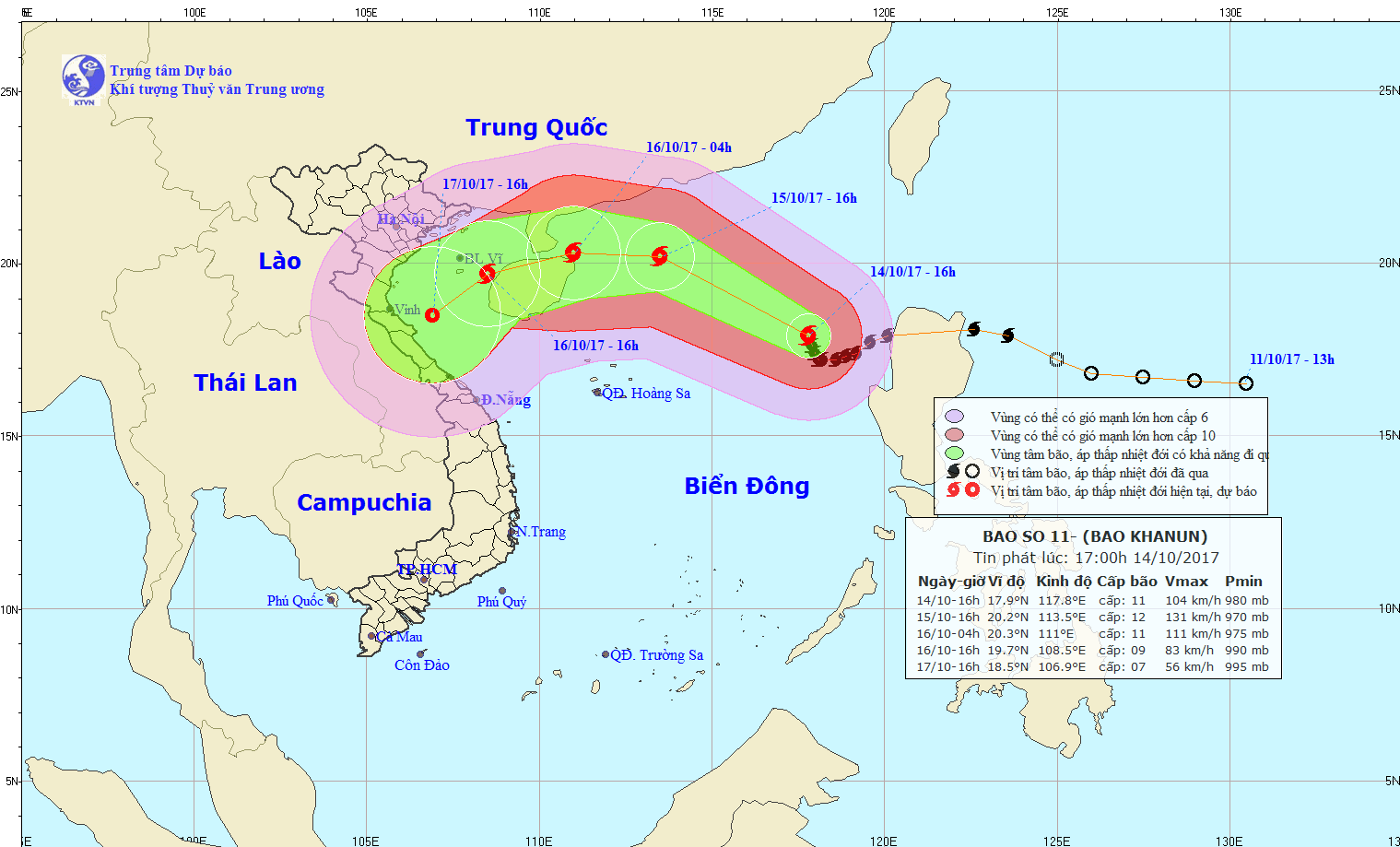 Theo Trung tâm Dự báo Khí tượng thủy văn TW, 13h 11/10, trên khu vực Thái Bình Dương hình thành một áp thấp nhiệt đới (ATND) mạnh cấp 6-7, giật cấp 9 di chuyển với tốc độ cao. Chỉ 3 ngày sau (14/10), ANTĐ đã mạnh lên thành  bão số 11 đã tiến vào Biển Đông với sức gió giật cấp 12-13. Nguồn ảnh: nchmf