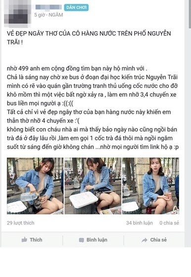 Bức ảnh chụp trộm "hot girl bán trà đá" da trắng, dáng xinh được một thành viên chia sẻ lên một diễn đàn có gần 2 triệu người theo dõi kèm theo đó là dòng chú thích: "Chả là sáng nay chờ xe bus ở đoạn đại học Kiến trúc, Nguyễn Trãi em có rẽ vào quán gần trường tranh thủ uống cốc nước thì một việc bất ngờ xảy ra, làm em nhỡ 3,4 chuyến xe bus liền mọi người ạ. Tất cả chỉ vì vẻ đẹp ngây thơ của bạn hàng nước này khiến em thẫn thờ nhỡ 4 chuyến xe, không biết con cháu nhà ai mà thấy bảo ngày nào cũng ngồi bán trà đá ở đây lâu rồi, làm em gọi 1 cốc trà đá thôi mà ngồi ngắm suốt từ sáng đến giờ không chán". Ảnh: Beat.