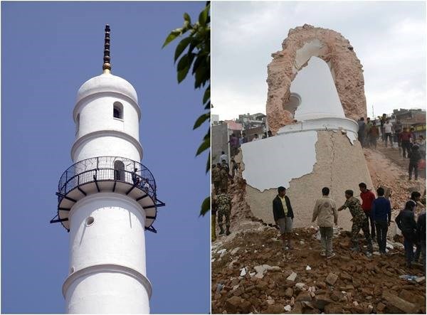  Tòa tháp 9 tầng Dharahara vừa sập ở Nepal có màu trắng, vốn là một Di sản Thế giới do UNESCO công nhận và là điểm thu hút khách du lịch nổi tiếng của thành phố.