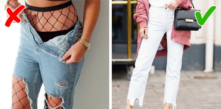 Kết hợp jeans rách cùng tất lưới từng là xu hướng  thời trang được giới trẻ hưởng ứng. Tuy nhiên, xu hướng này không còn được đánh giá cao trong mùa mốt năm nay. Tốt nhất bạn nên sắm những chiếc quần có kiểu dáng cổ điển như mom jeans, jeans ống vẩy... với một chút sờn hoặc rách ở gấu là đủ.