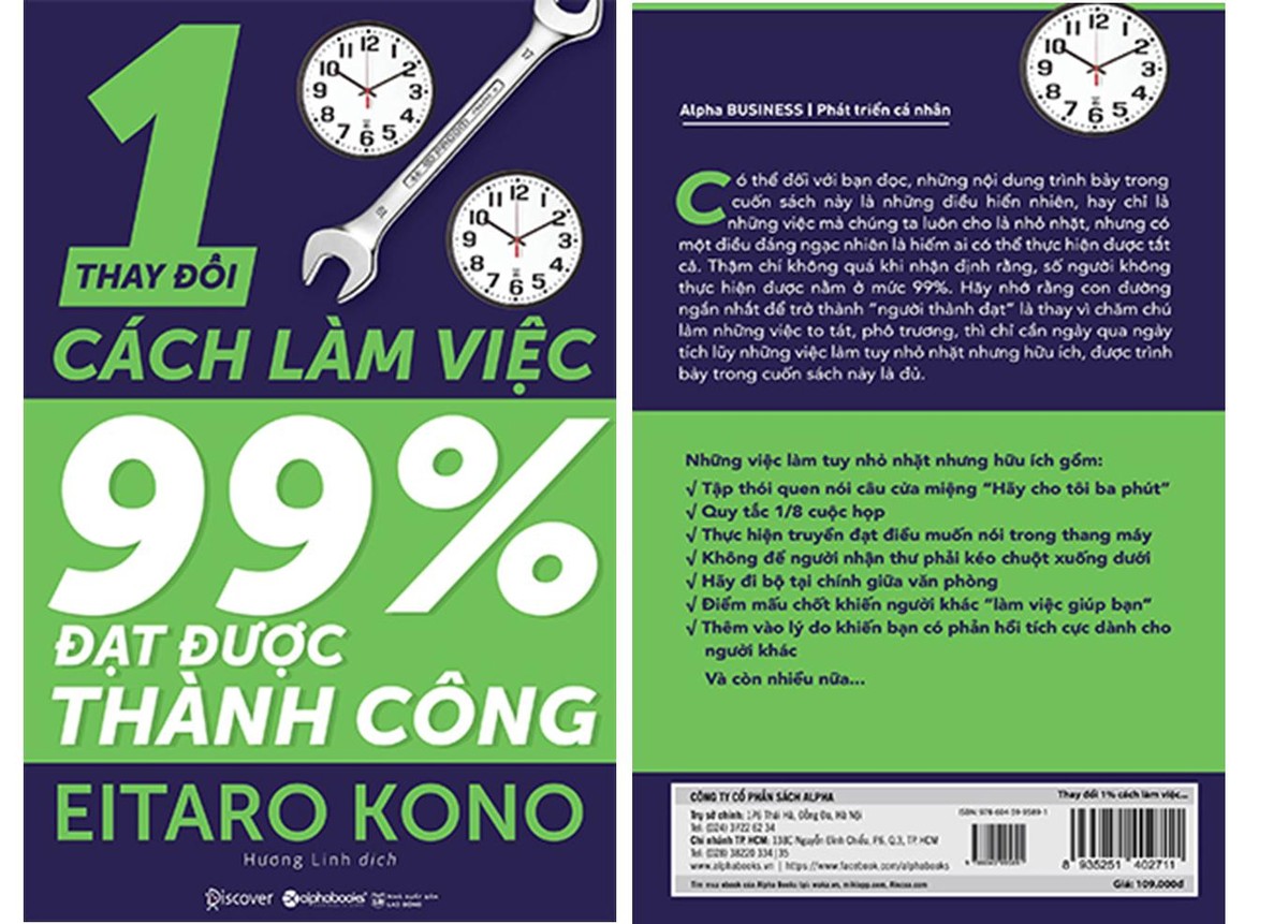 “Thay đổi 1% cách làm việc, 99%  đạt được thành công do Eitaro Kono, Giám đốc điều hành dịch vụ kinh doanh toàn cầu của IBM tại Nhật Bản, viết gồm 8 chương tương ứng với 8 kỹ năng rất quen thuộc như: báo cáo- thảo luận- liên lạc, kỹ năng viết email, soạn thảo văn bản, quản lý thời gian, làm việc nhóm… Tuy nhiên không phải ai cũng biết cách thực hiện tốt những kỹ năng này.