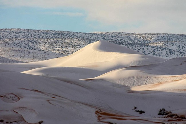 Hiện tượng thiên nhiên kỳ quặc xảy ra ở Sahara,  nơi nóng nhất thế giới. Thời tiết lạnh đột ngột khiến sa mạc Sahara bị đóng băng trong một lớp tuyết.