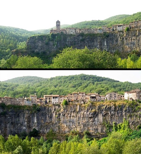 Castellfollit de la Roca, Tây Ban Nha. Đây là một ngôi làng thuộc tỉnh Girona.  Nơi ở này nằm trên một khối đá được hình thành từ hàng ngàn năm trước bởi dung nham đã đông cứng. Ngôi làng nằm ở độ cao 50 mét và kéo dài 1 km. Dân số của làng khoảng 1.000 người.