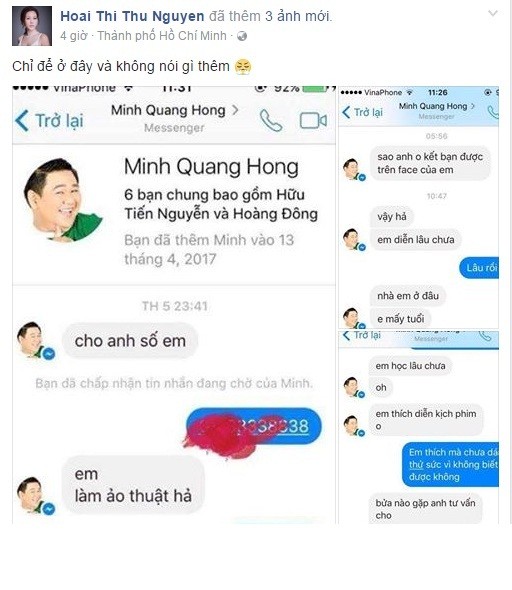 Mới đây, trên Facebook cá nhân của mình, hoa hậu quý bà Thu Hoài bất ngờ đăng tải một loạt hình ảnh chụp hình tin nhắn được cho là của  Minh béo với một chàng trai ảo thuật gia trẻ.